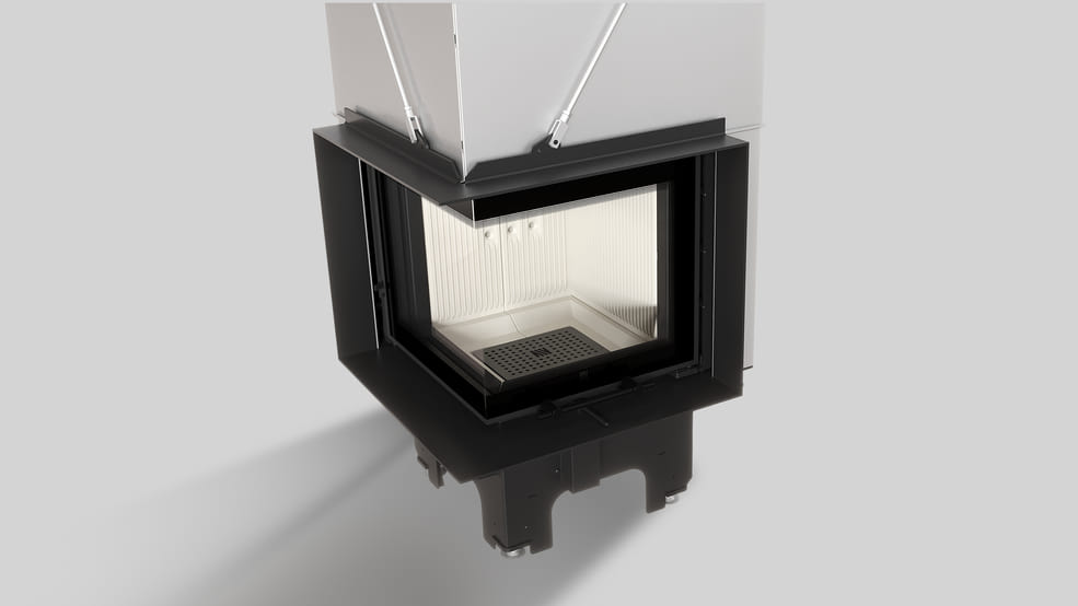 MILANO 480x480 – Linksseitiger Eckkamin mit Klapptüren, weiße Verkleidung