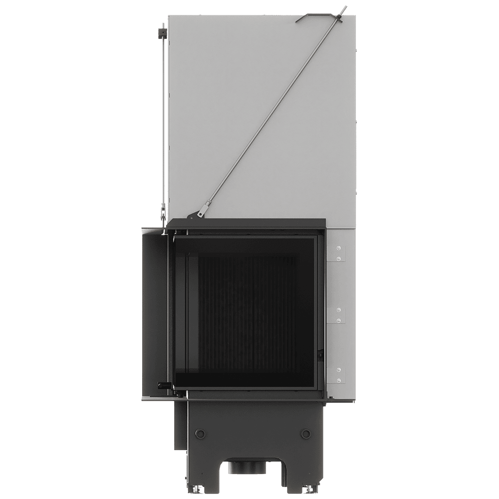 Balstil Milano 700x480 – Linksseitiger Eckkamin mit Klapptüren, schwarze Verkleidung