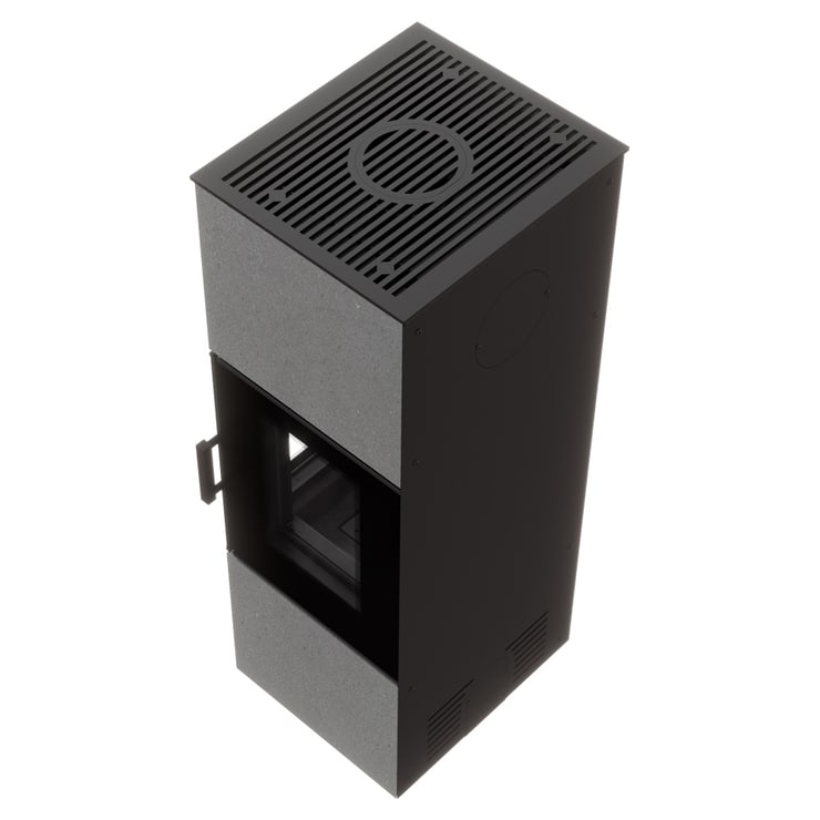 Freistehender Stahl-Kaminofen AXAM aus Luna Grigia Stein mit schwarzer Innenauskleidung