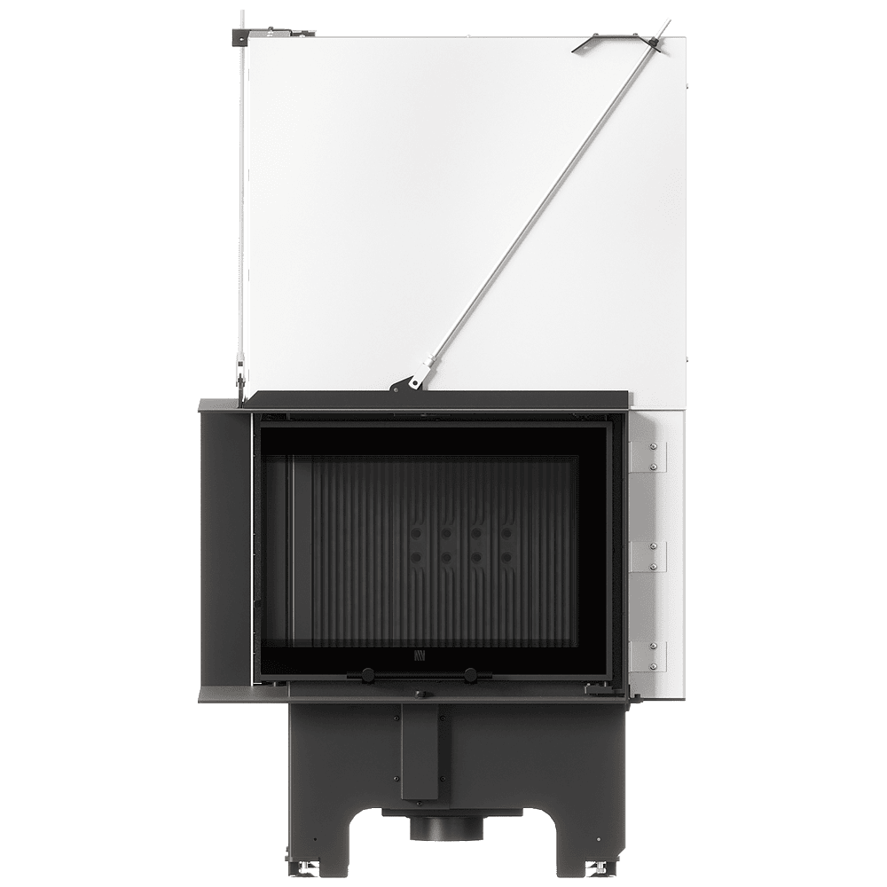 Balstil Milano 610x430 – Linksseitiger Eckkamin mit Klapptüren, schwarze Verkleidung