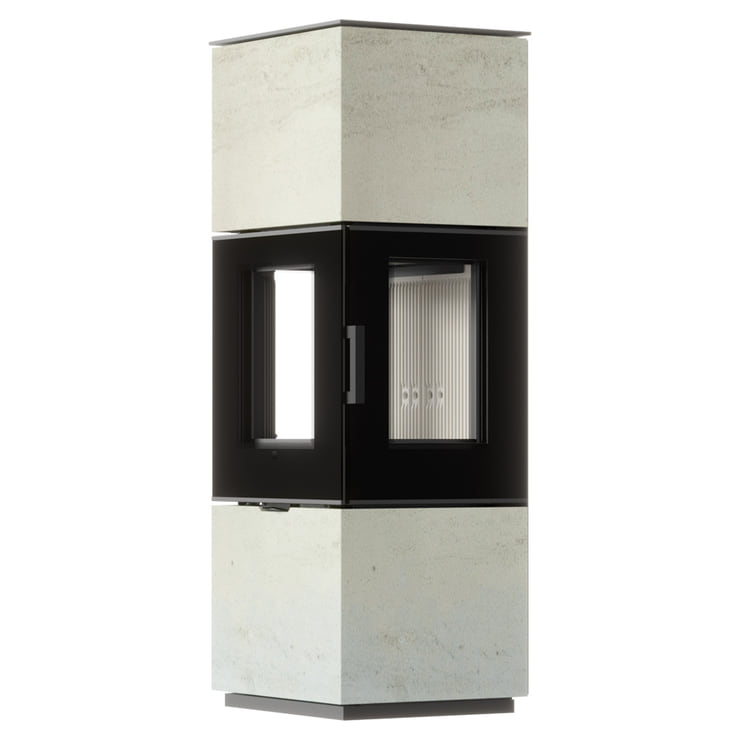 Freistehender Stahl-Kaminofen AXAM aus Ivory Glow Stein