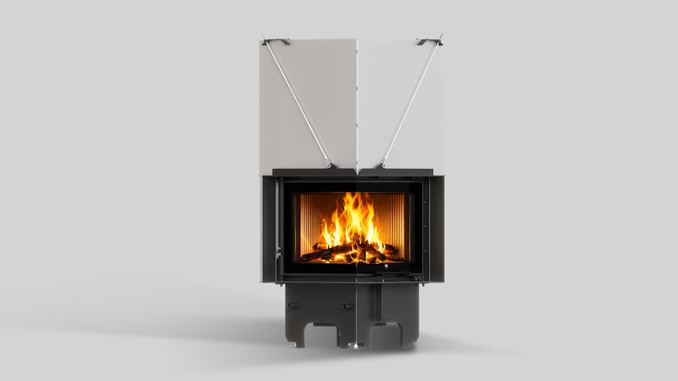 MILANO 480x480 – Linksseitiger Eckkamin mit Klapptüren, weiße Verkleidung