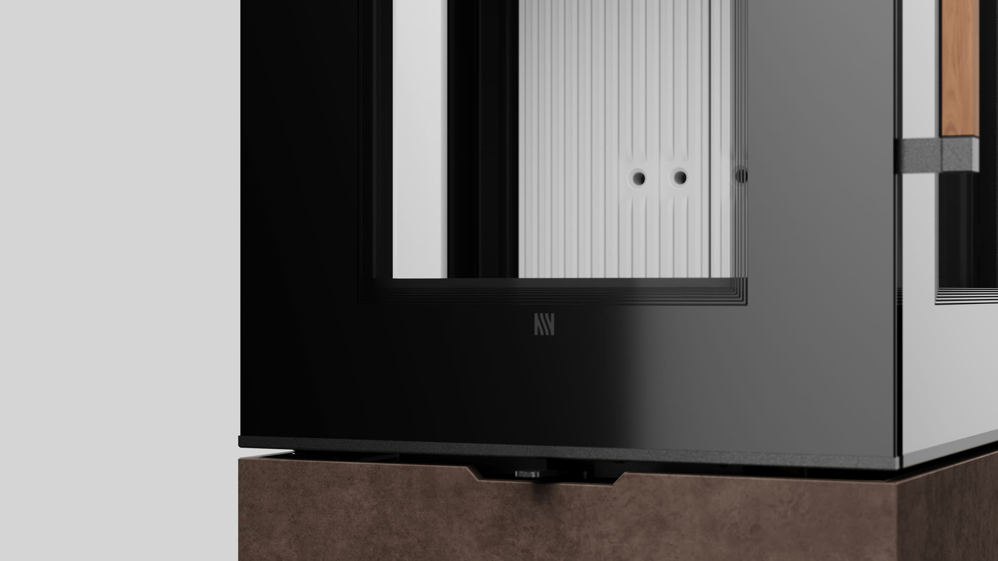 AXAM freistehender Stahlkaminofen in Fokos Roccia Sinterquarz, weiße Auskleidung