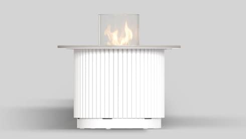 TABLE CORE 400 in Bianco colour, with Taj Mahal sintered quartz tabletop, with a manual bioethanol insert