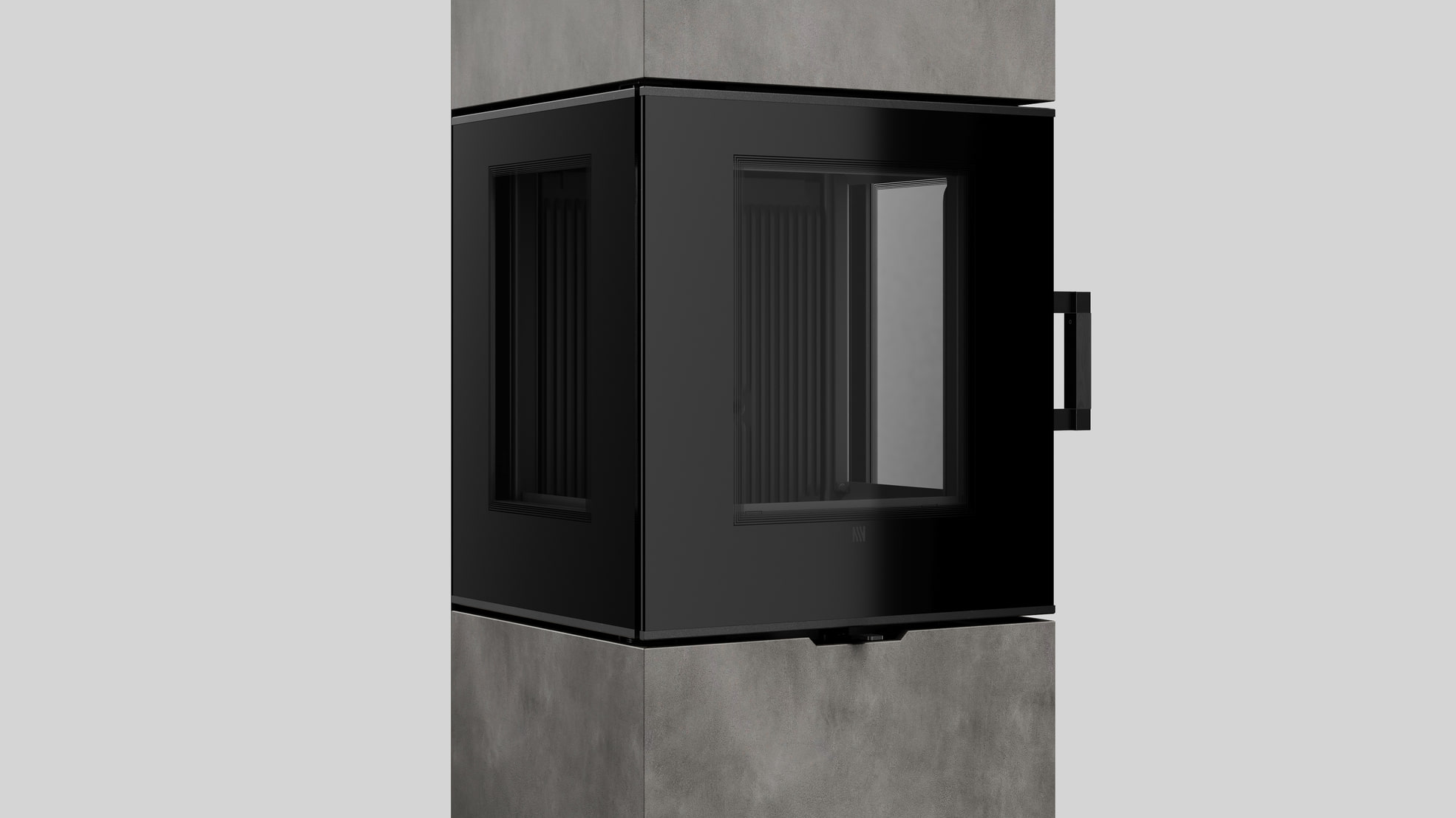 AXAM freistehender Stahlkaminofen in Calce Nero Sinterquarz, schwarze Auskleidung