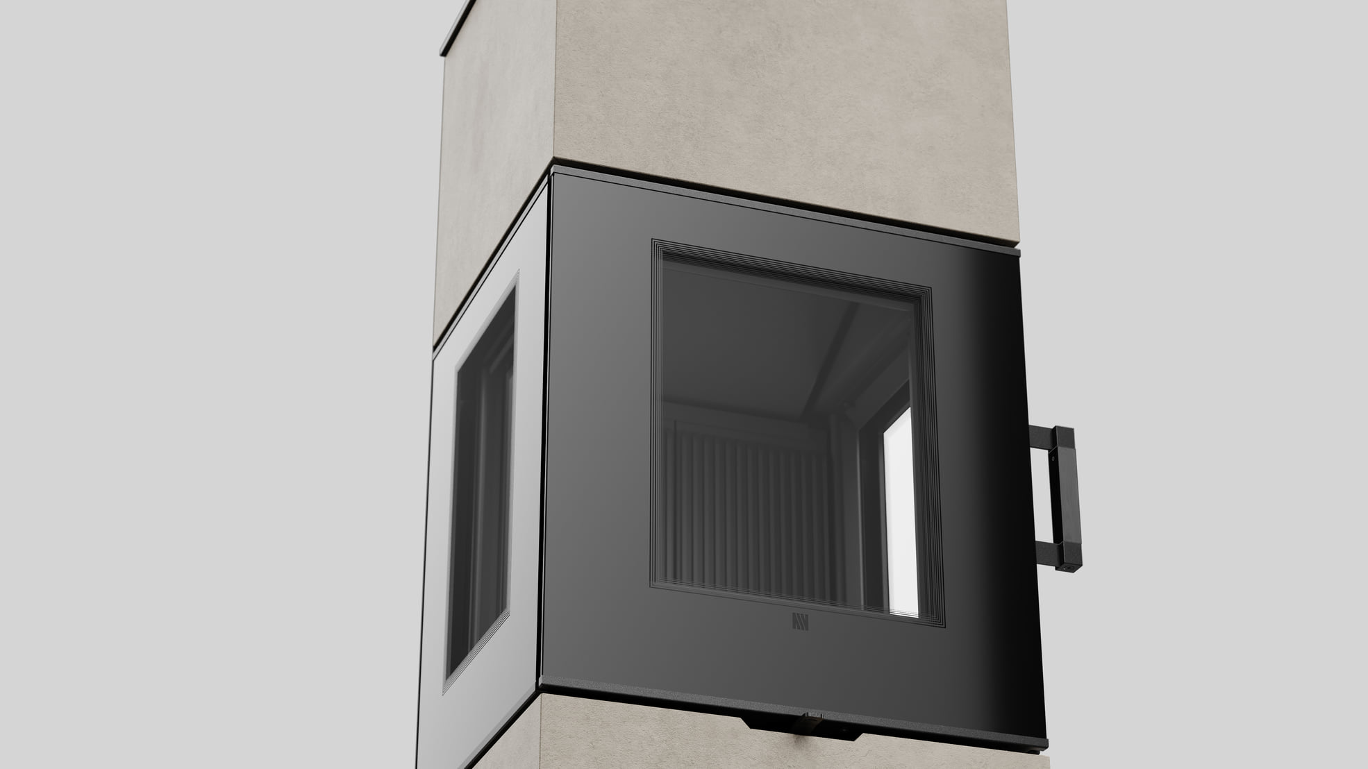 AXAM freistehender Stahlkaminofen in Fokos Talco Sinterquarz, schwarze Auskleidung