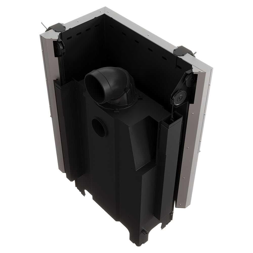 MILANO 810x410 Eckkamin rechts mit hochschiebbarer Tür, schwarzer Innenauskleidung