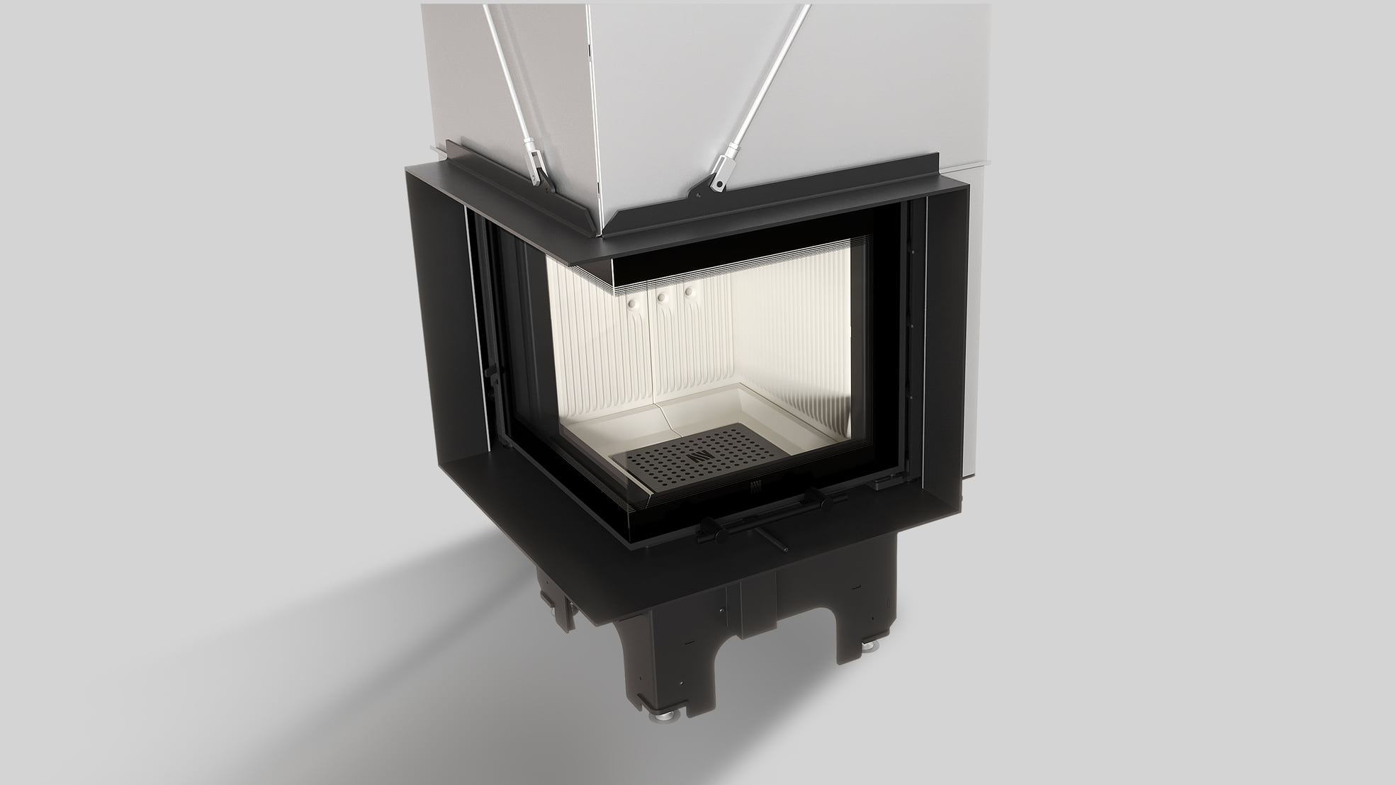 MILANO 480x480 – Linksseitiger Eckkamin mit Klapptüren, weiße Verkleidung