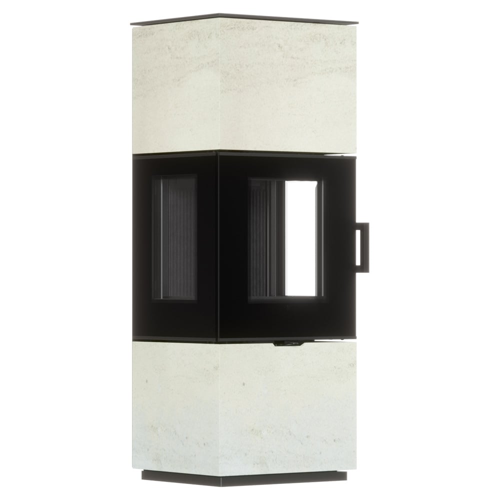 Freistehender Stahl-Kaminofen AXAM aus Ivory Glow Stein mit schwarzer Innenauskleidung