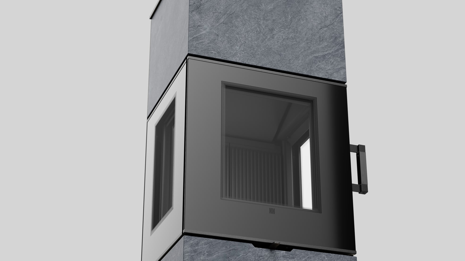 AXAM freistehender Stahlkaminofen in In-Side Pietra di Cardoso Grigio Sinterquarz, schwarze Auskleidung