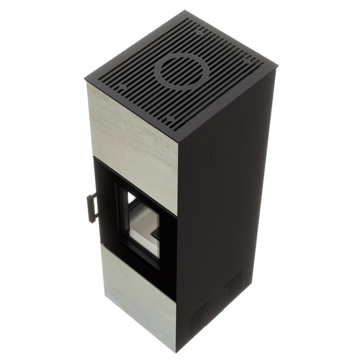 Freistehender Stahl-Kaminofen AXAM aus Ivory Glow Stein mit schwarzer Innenauskleidung