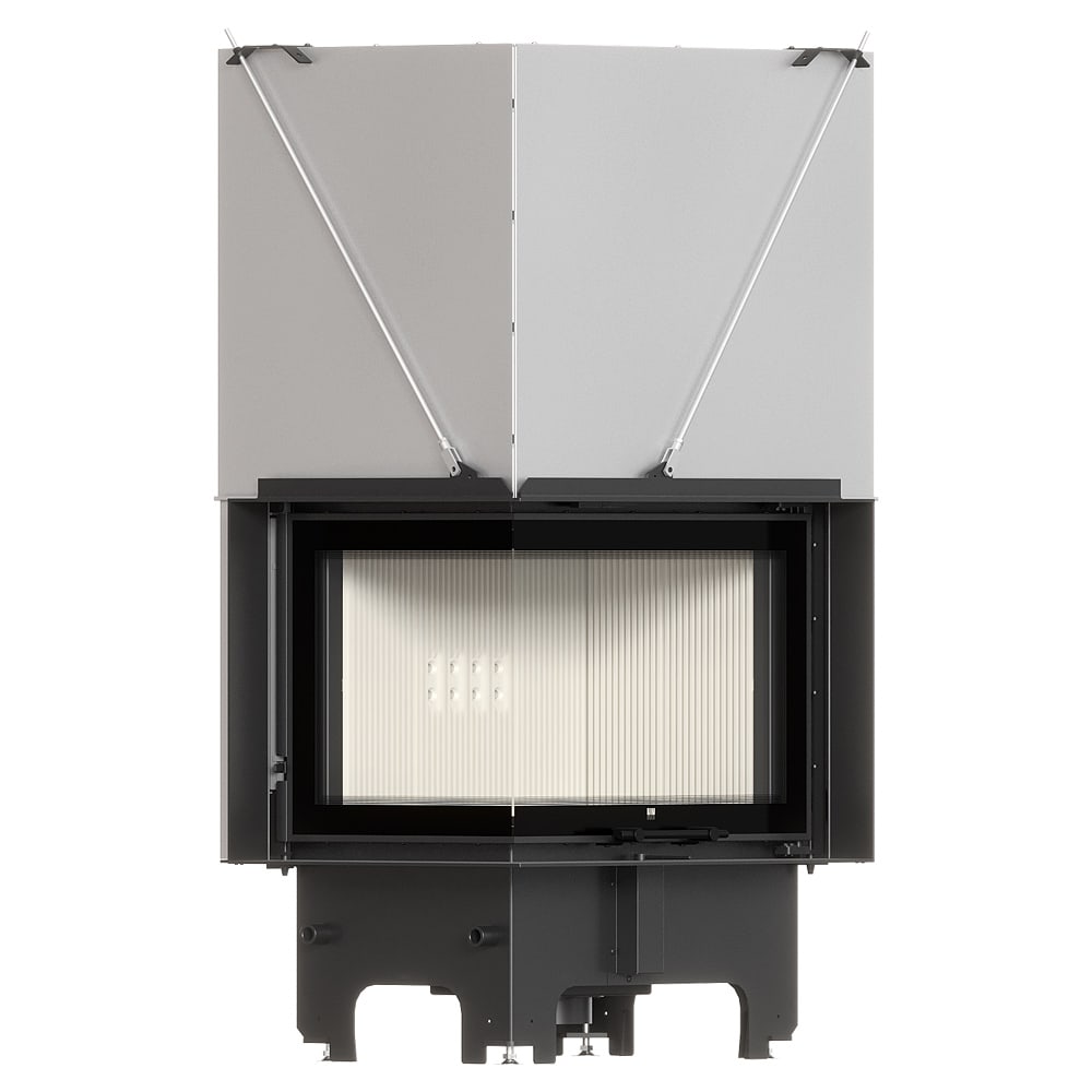 Balstil Milano 700x480 – Linksseitiger Eckkamin mit Klapptüren, weiße Verkleidung