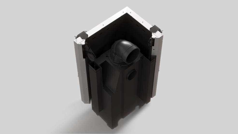 MILANO 610x430 – Linksseitiger Eckkamin mit Klapptüren, weiße Verkleidung