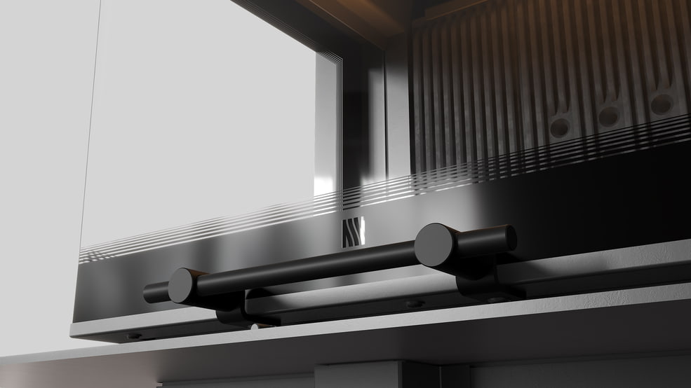 MILANO 610x430 Eckkamin links mit hochschiebbarer Tür, schwarzer Innenauskleidung