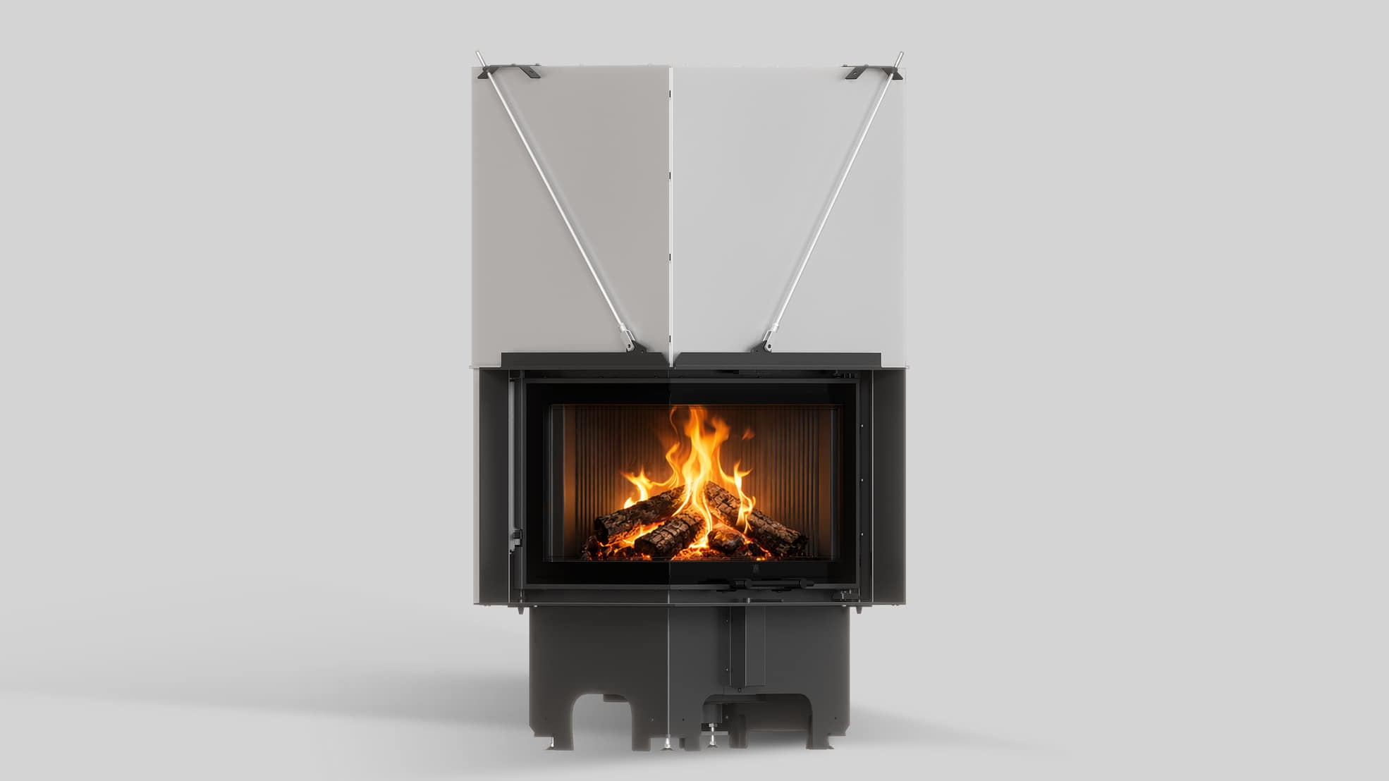 MILANO 610x430 Eckkamin links mit hochschiebbarer Tür, schwarzer Innenauskleidung