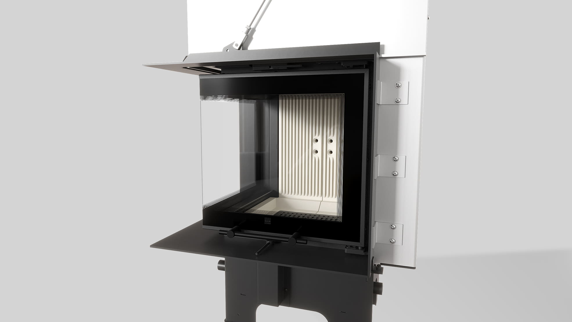 MILANO 480x480 – Linksseitiger Eckkamin mit Klapptüren, weiße Verkleidung