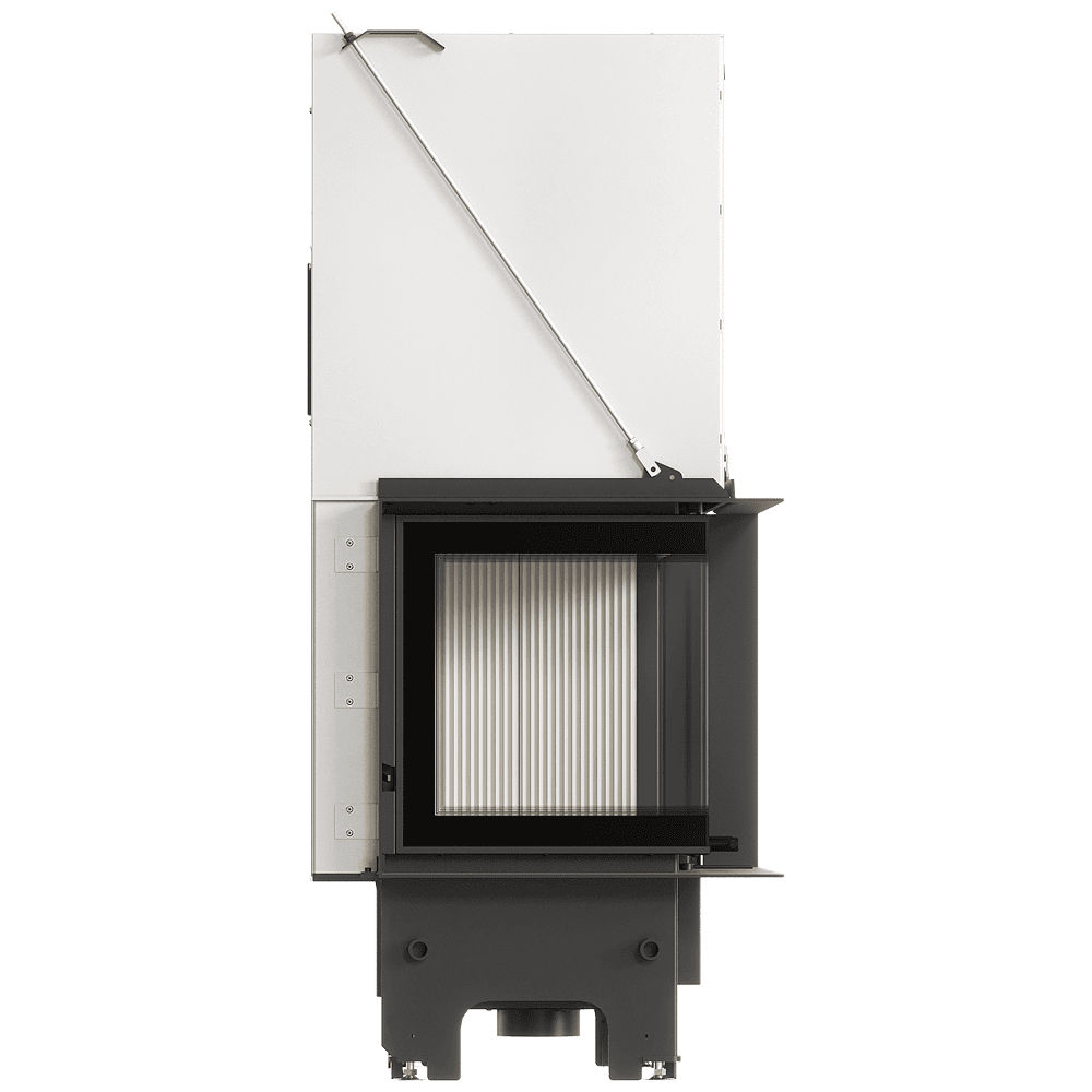 Balstil Milano 700x480 – Linksseitiger Eckkamin mit Klapptüren, weiße Verkleidung