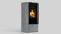 AKNA freistehender Stahlkaminofen in Speckstein mit schwarzer Auskleidung; Griff mit schwarzem Eichenholzgriff