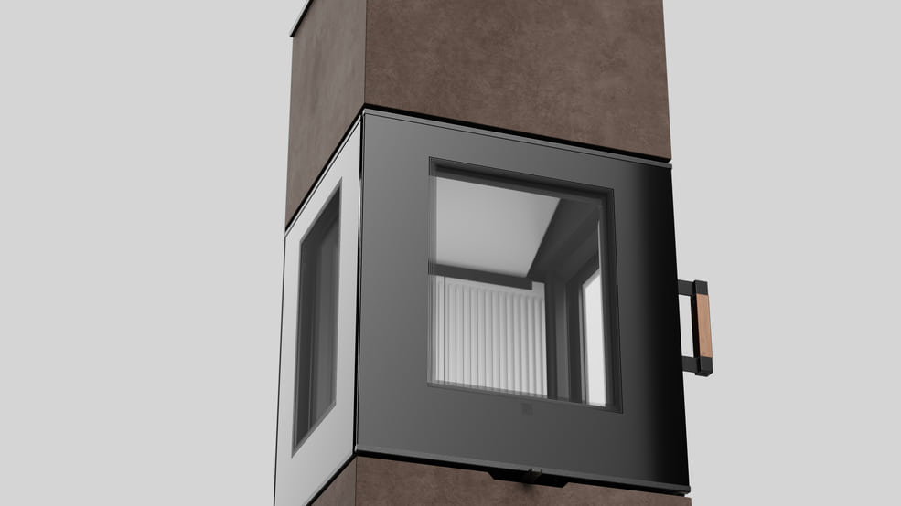 AXAM freistehender Stahlkaminofen in Fokos Roccia Sinterquarz, weiße Auskleidung