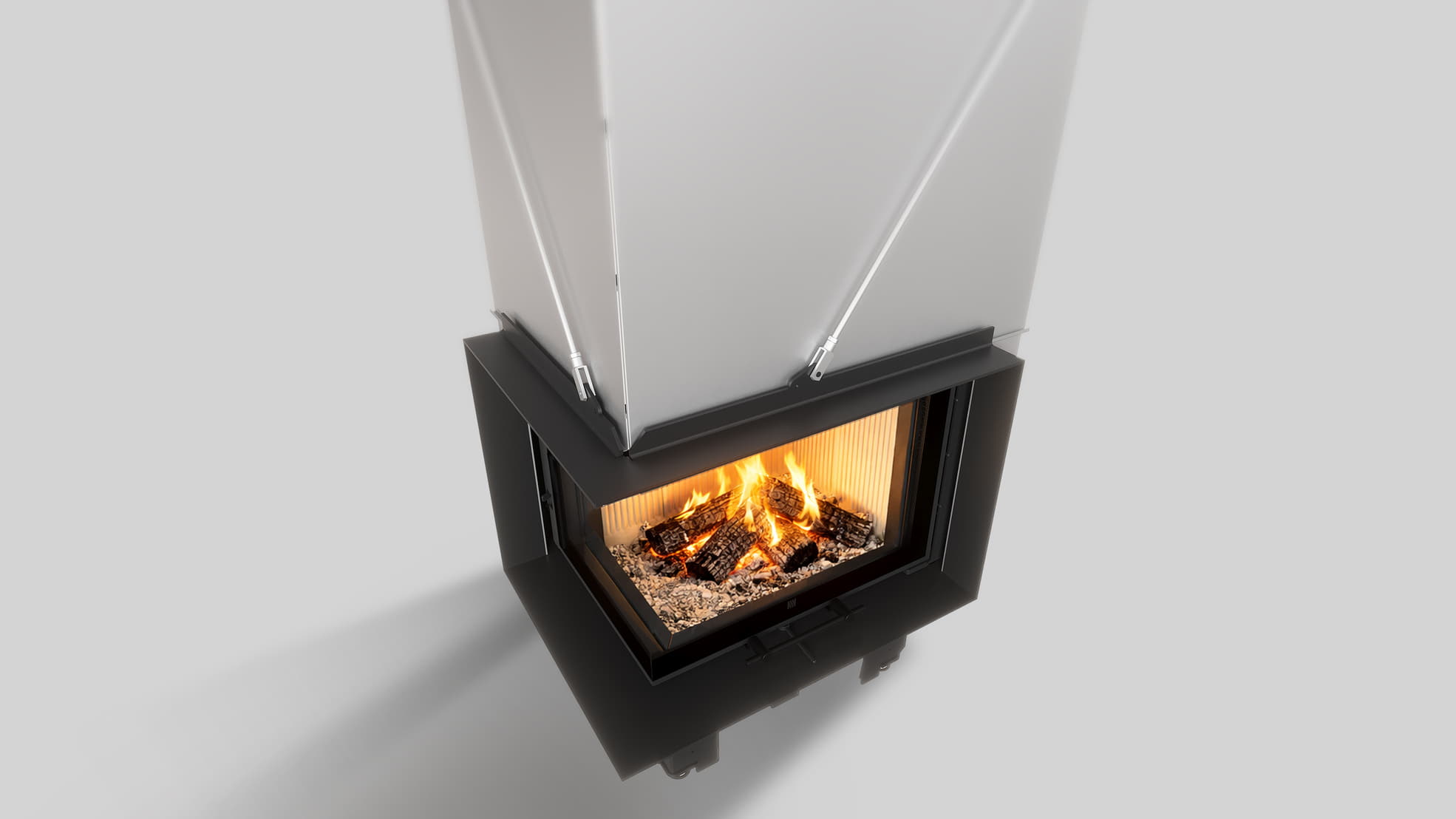 MILANO 610x430 – Linksseitiger Eckkamin mit Klapptüren, weiße Verkleidung