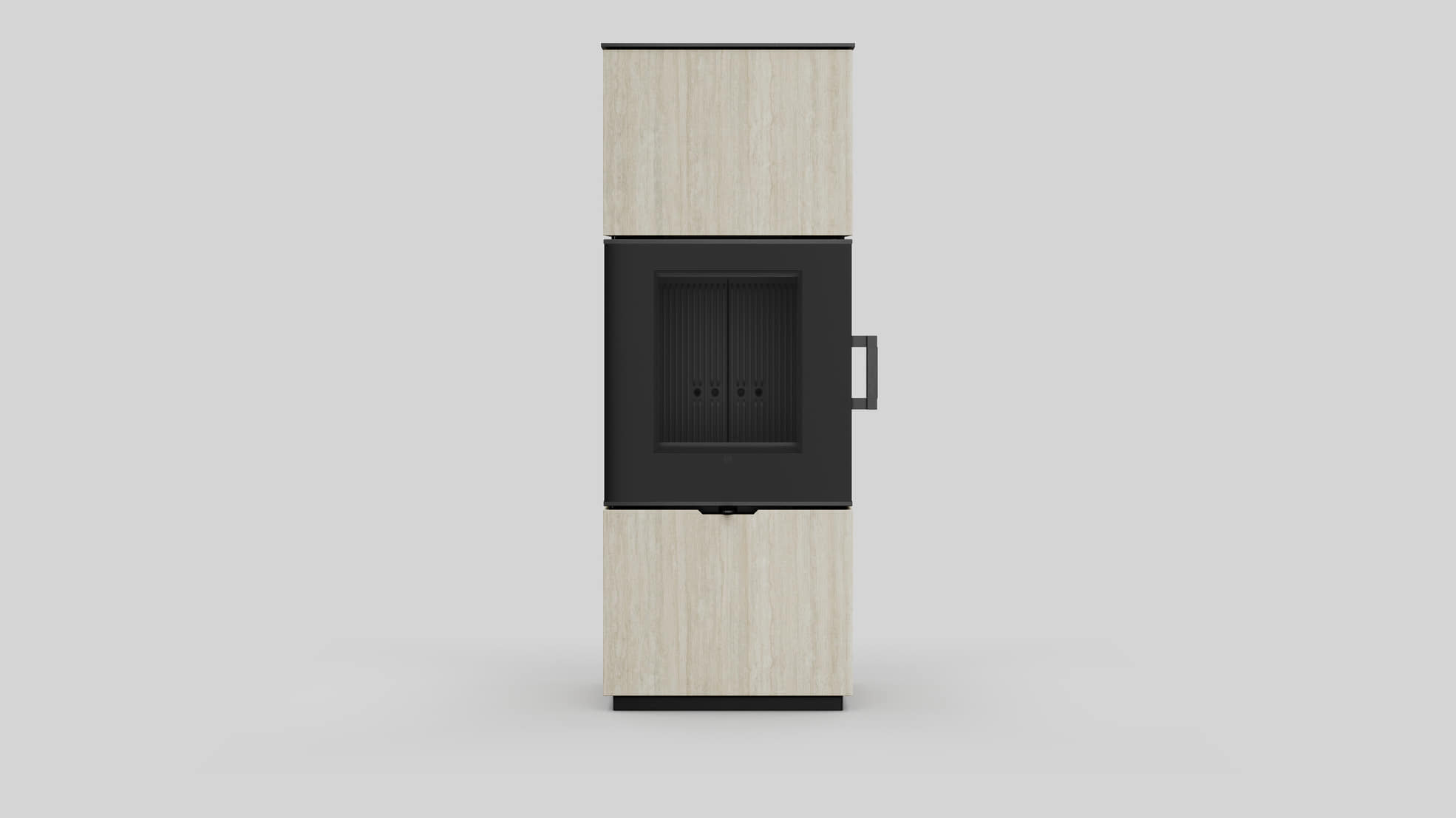 AXAM freistehender Stahlkaminofen in Hado Travertino Bianco Sinterquarz, schwarze Auskleidung