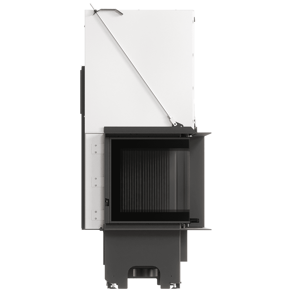 Balstil Milano 610x430 – Linksseitiger Eckkamin mit Klapptüren, schwarze Verkleidung