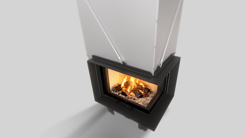 MILANO 610x430 Eckkamin rechts mit hochschiebbarer Tür, weißer Innenauskleidung