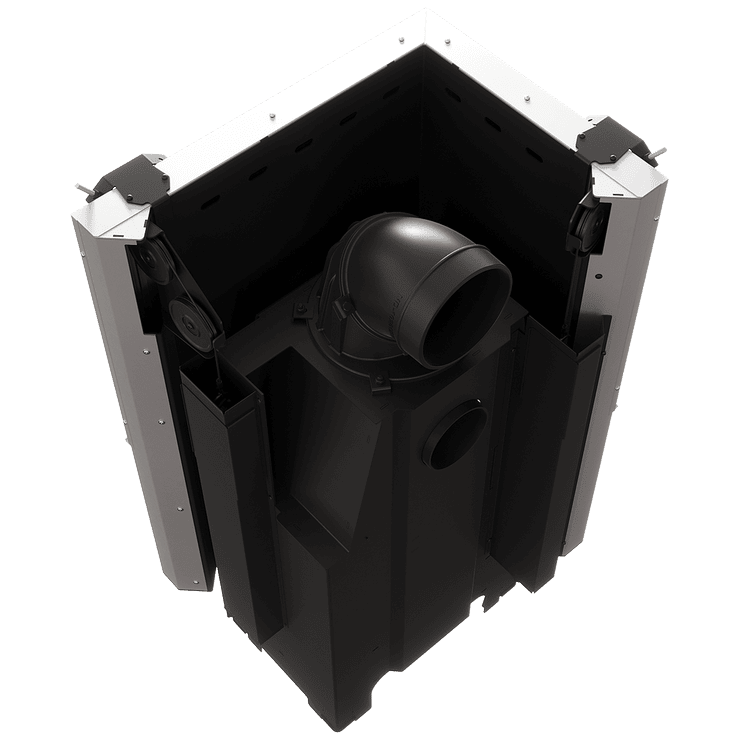 Balstil Milano 610x430 – Linksseitiger Eckkamin mit Klapptüren, schwarze Verkleidung