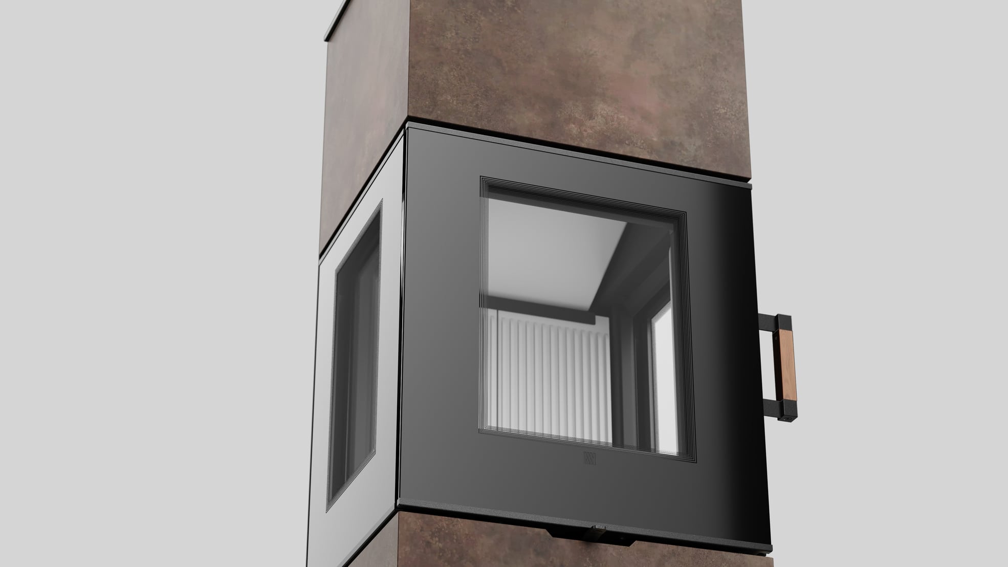 AXAM freistehender Stahlkaminofen in Ossido Bruno Sinterquarz, weiße Auskleidung