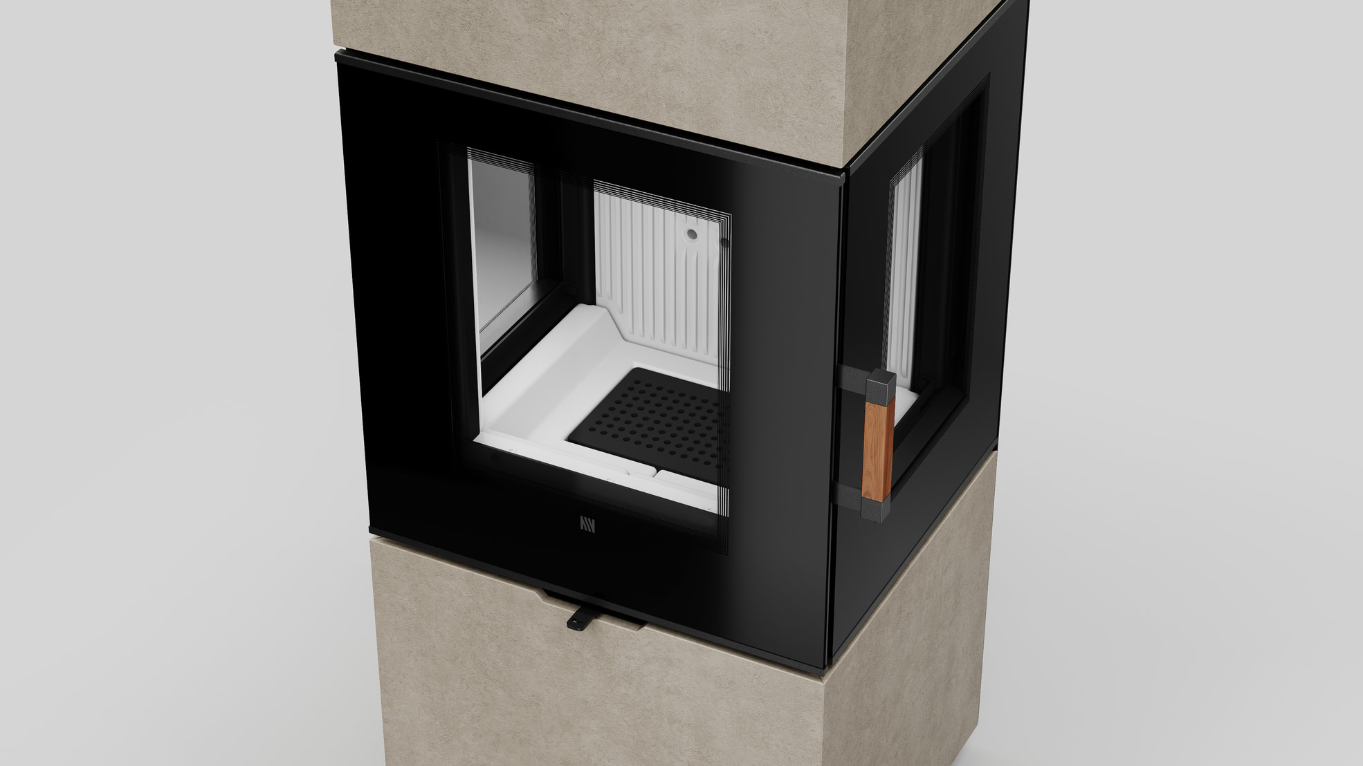 AXAM freistehender Stahlkaminofen in Fokos Talco Sinterquarz, weiße Auskleidung