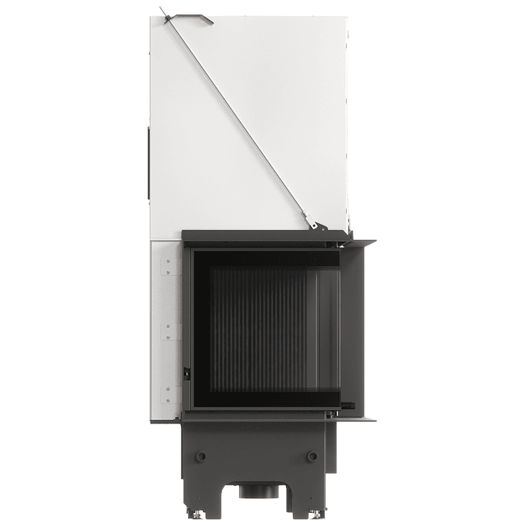 Balstil Milano 700x480 – Linksseitiger Eckkamin mit Klapptüren, schwarze Verkleidung