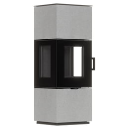 Freistehender Stahl-Kaminofen AXAM aus Luna Grigia Stein mit schwarzer Innenauskleidung