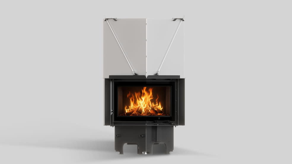 MILANO 480x480 Eckkamin links mit hochschiebbarer Tür, schwarzer Innenauskleidung