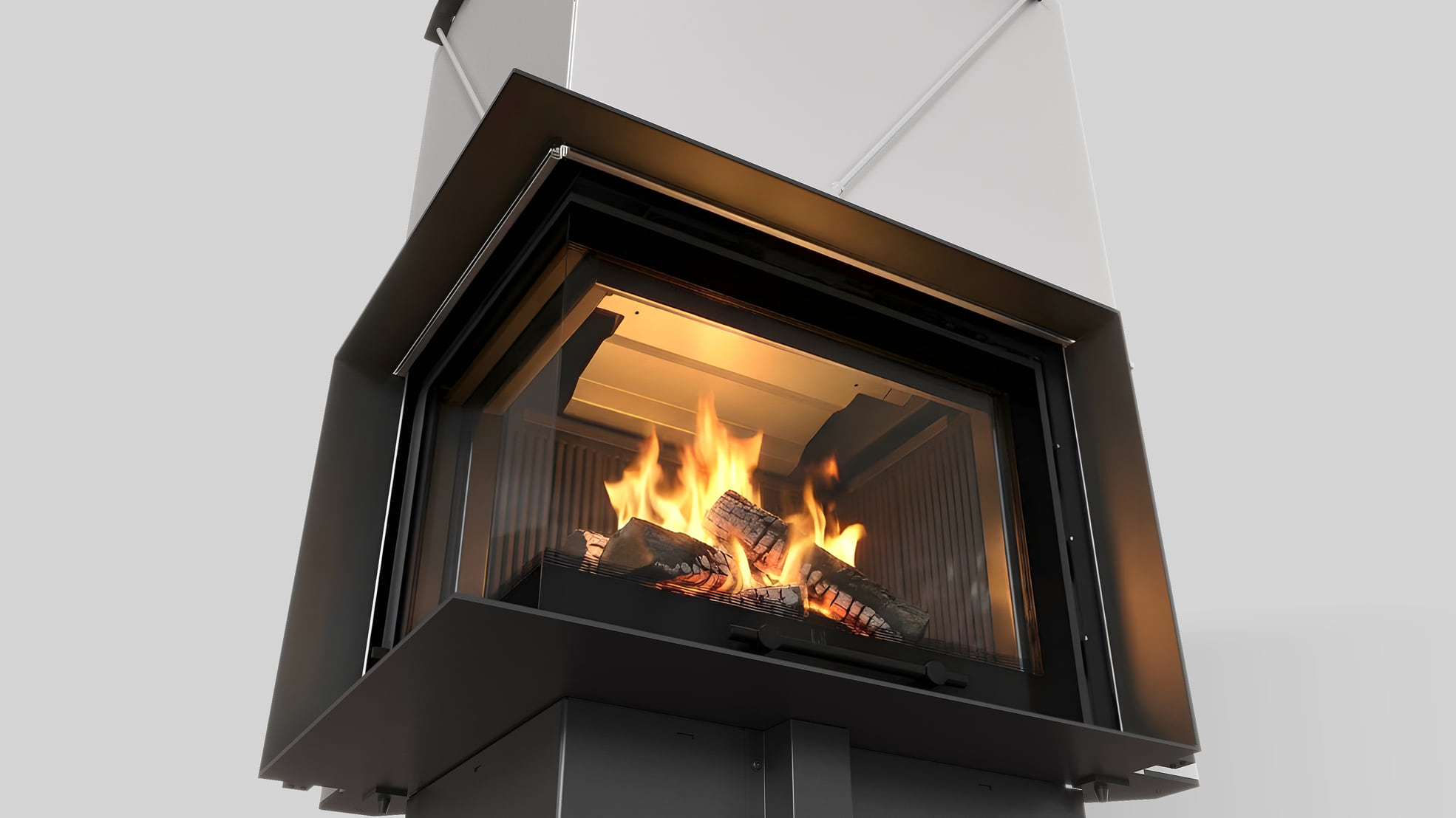 MILANO 610x430 Eckkamin links mit hochschiebbarer Tür, schwarzer Innenauskleidung