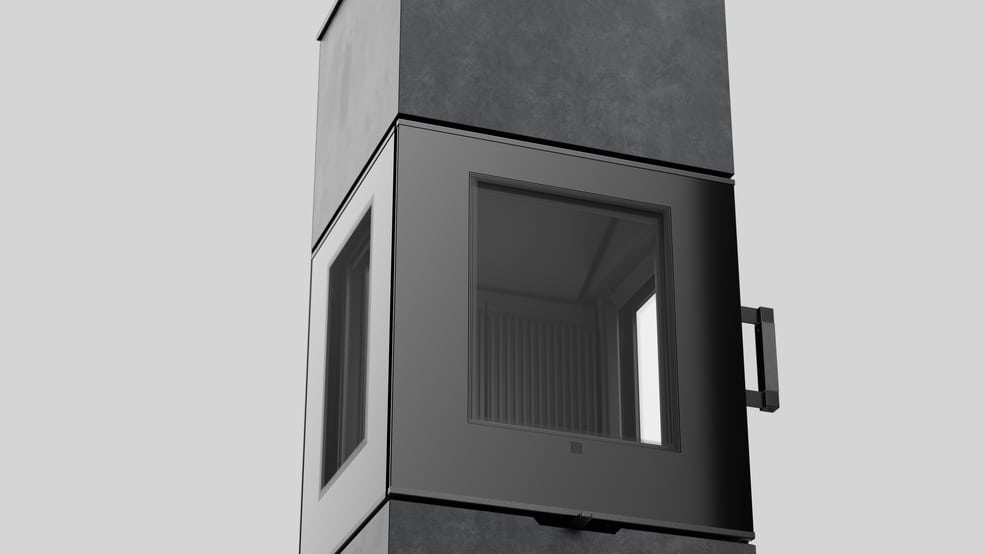 Freistehender Stahl-Kaminofen AXAM aus Fokos Grafite Sinterstein mit schwarzer Innenauskleidung