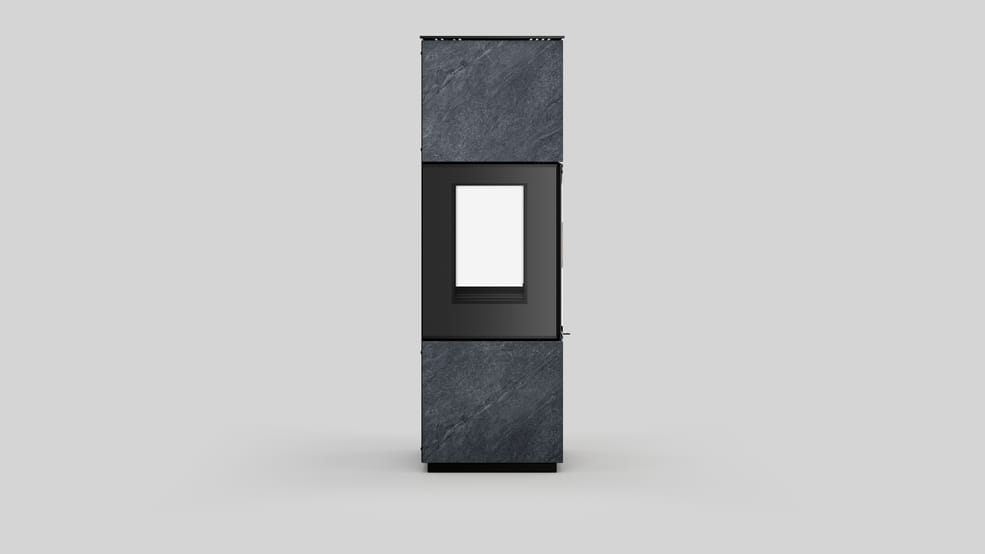 AXAM freistehender Stahlkaminofen in In-Side Pietra di Cardoso Grigio Sinterquarz, schwarze Auskleidung