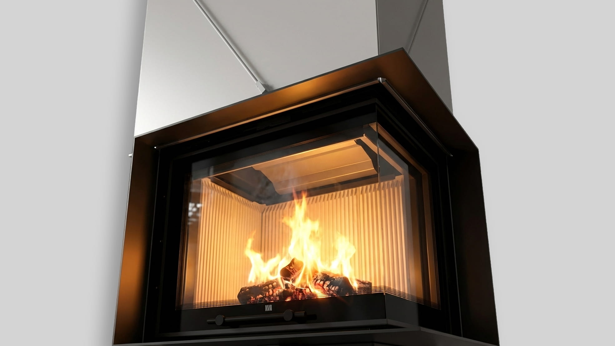 MILANO 610x430 Eckkamin rechts mit hochschiebbarer Tür, weißer Innenauskleidung