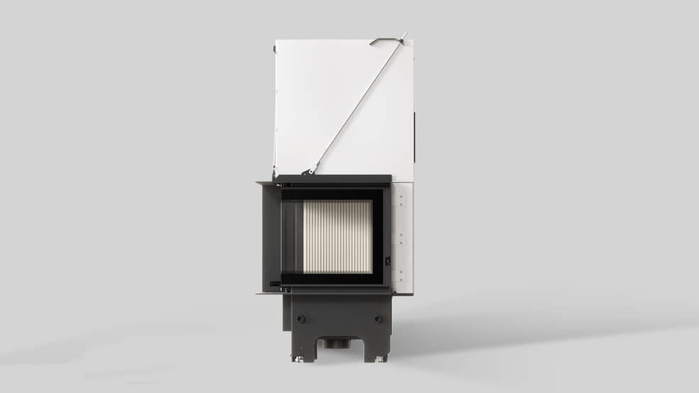 MILANO 480x480 – Rechtsseitiger Eckkamin mit Klapptüren, weiße Verkleidung