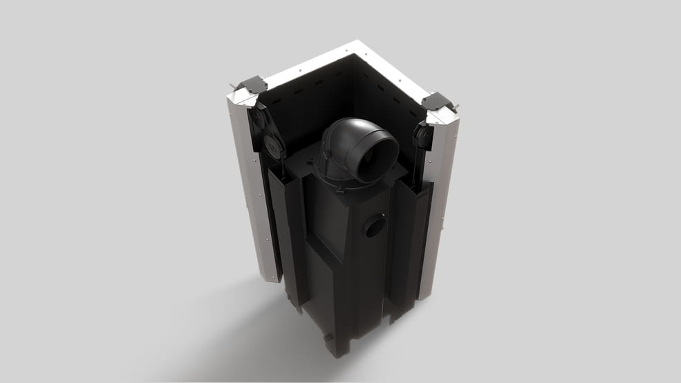 MILANO 480x480 – Linksseitiger Eckkamin mit Klapptüren, weiße Verkleidung