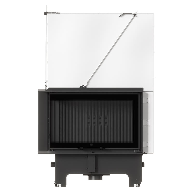 MILANO 810x410 Eckkamin links mit hochschiebbarer Tür, schwarzer Innenauskleidung