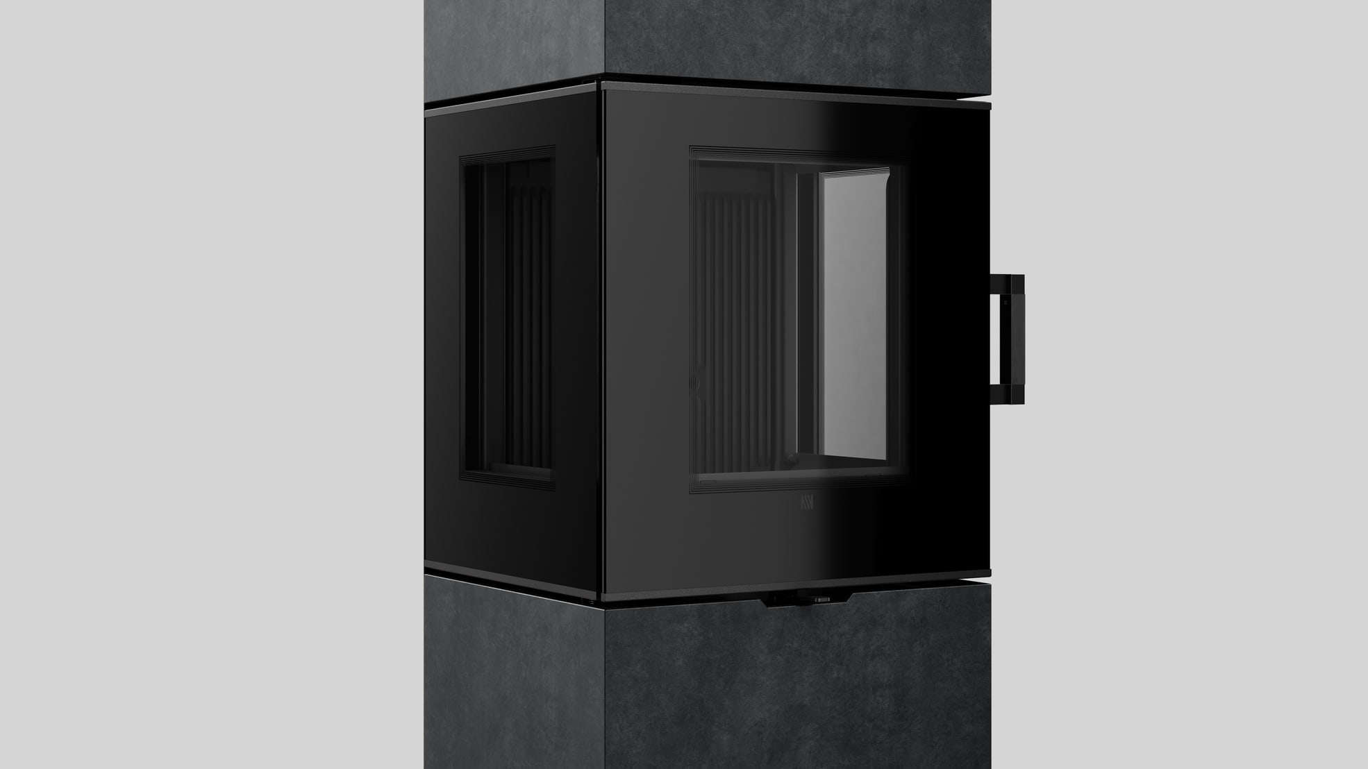 Freistehender Stahl-Kaminofen AXAM aus Fokos Grafite Sinterstein mit schwarzer Innenauskleidung