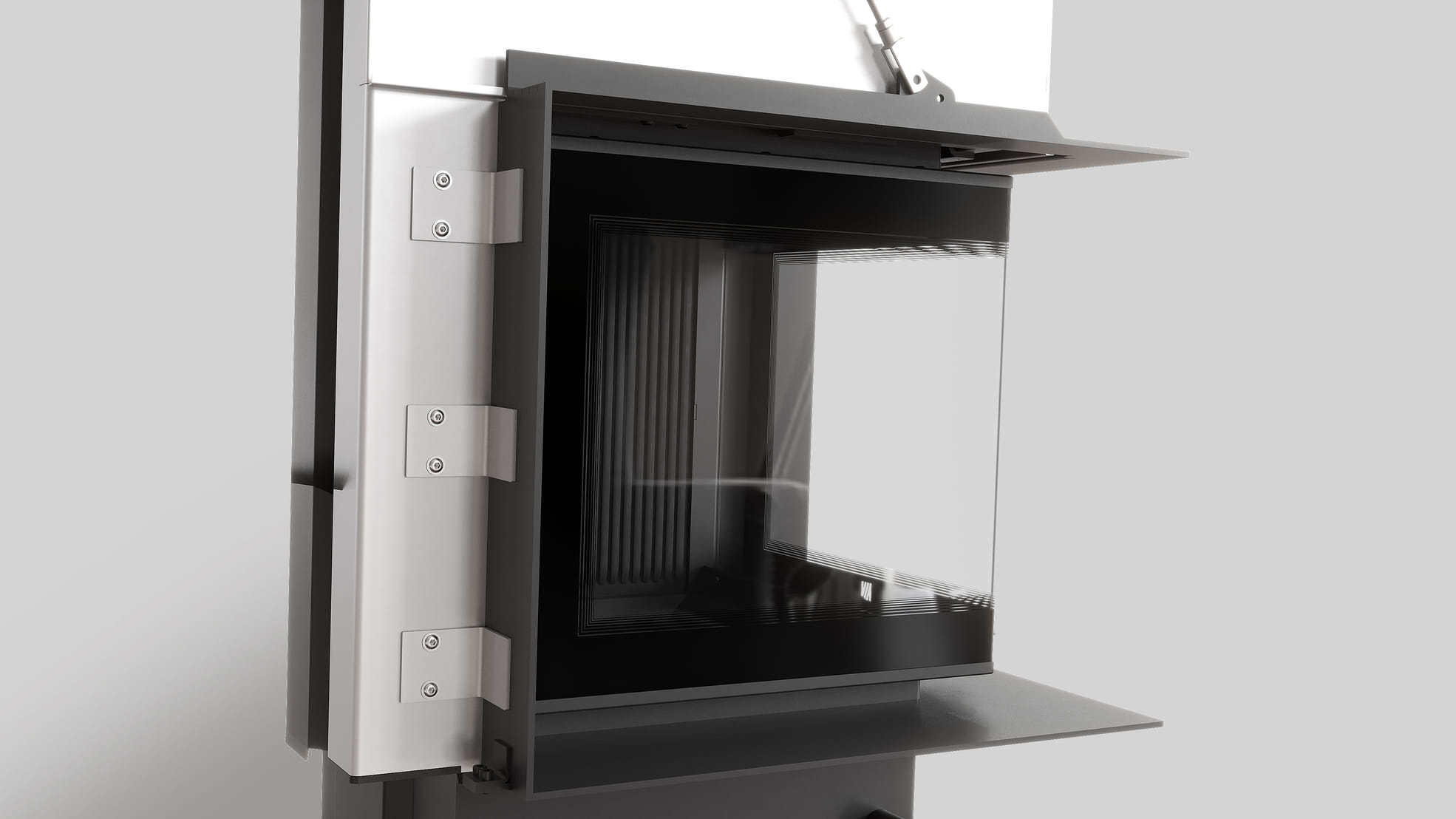 MILANO 480x480 Eckkamin links mit hochschiebbarer Tür, schwarzer Innenauskleidung