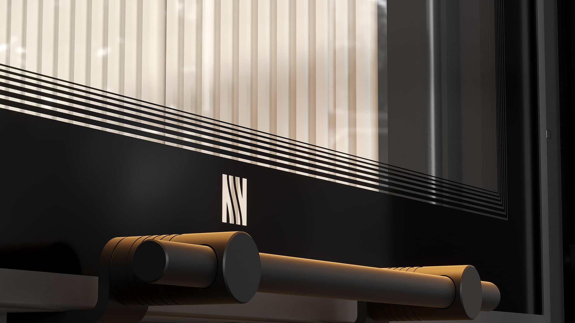 MILANO 610x430 – Linksseitiger Eckkamin mit Klapptüren, weiße Verkleidung