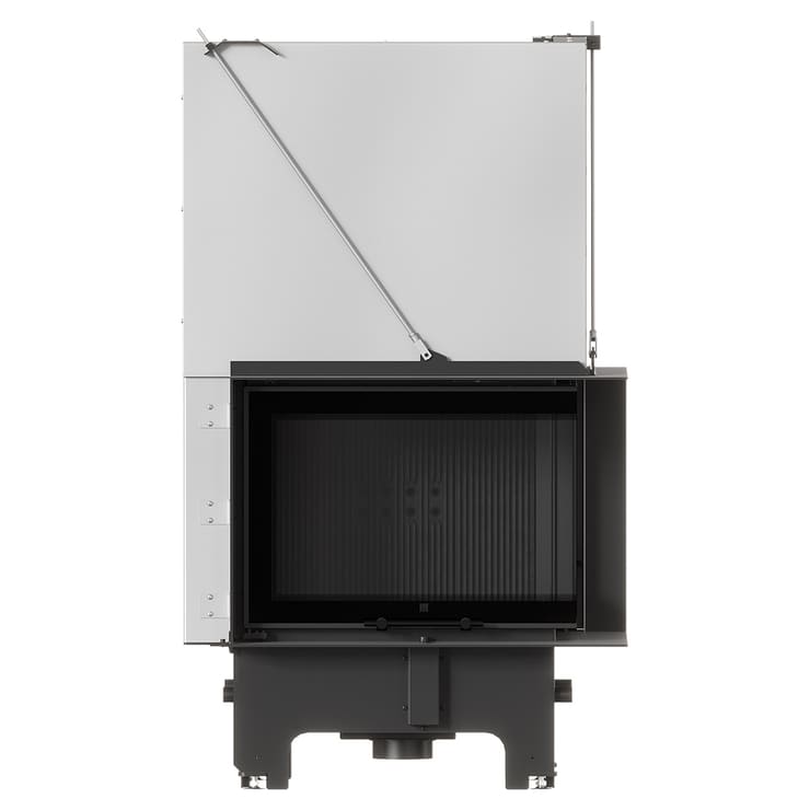 MILANO 700x480 Eckkamin rechts mit hochschiebbarer Tür, schwarzer Innenauskleidung