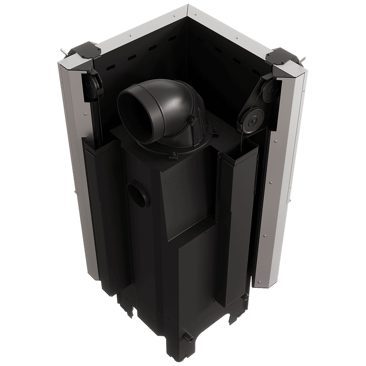 Balstil Milano 480x480 – Linksseitiger Eckkamin mit Klapptüren, schwarze Verkleidung