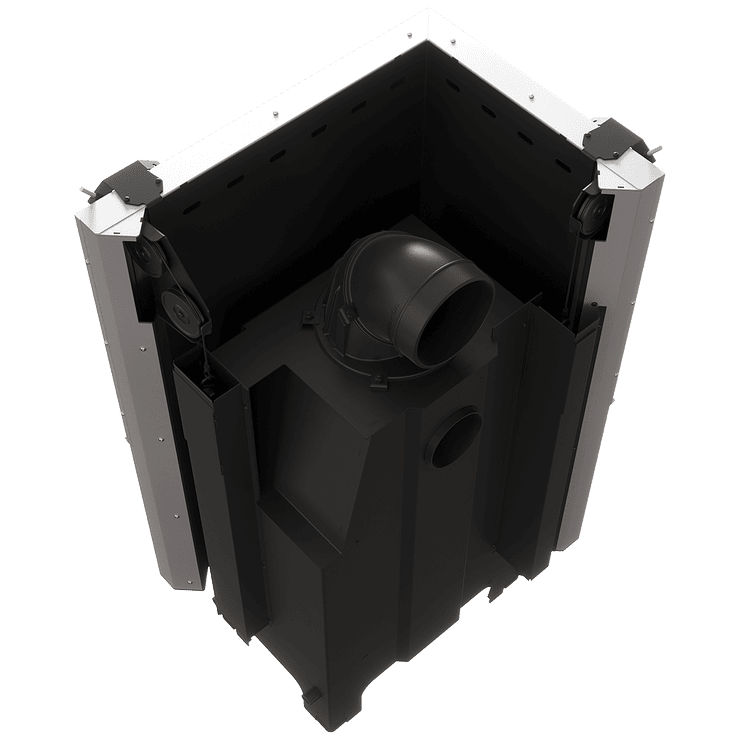 Balstil Milano 700x480 – Linksseitiger Eckkamin mit Klapptüren, schwarze Verkleidung