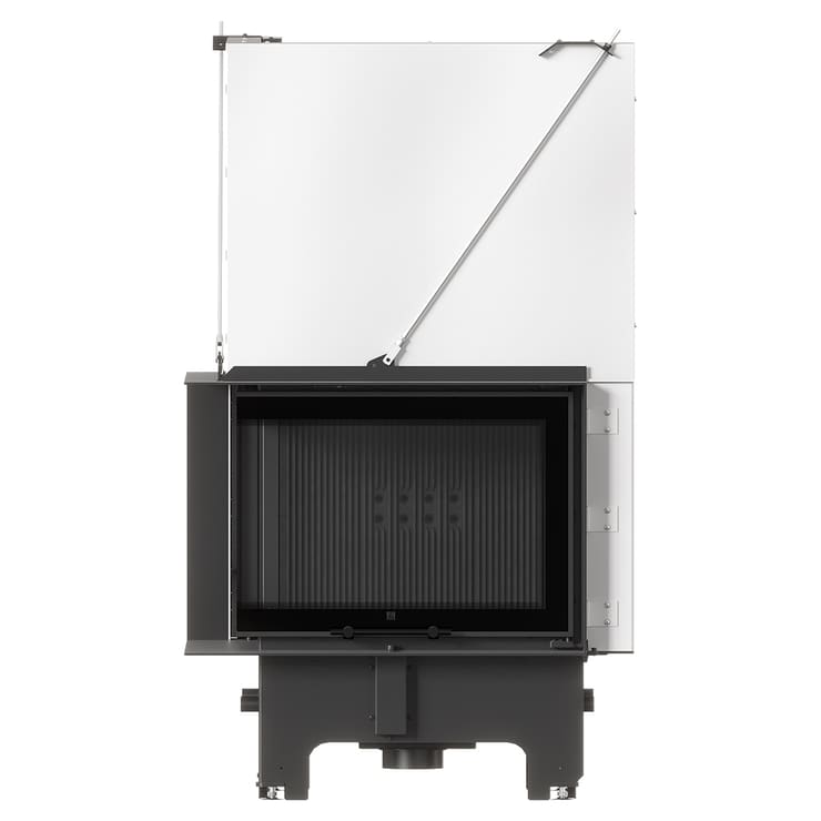 MILANO 700x480 Eckkamin links mit hochschiebbarer Tür, schwarzer Innenauskleidung