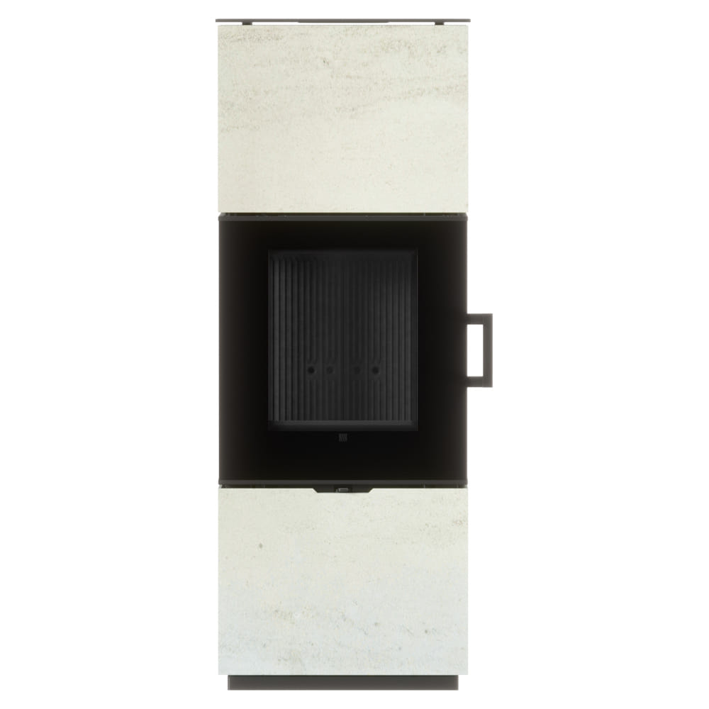 Freistehender Stahl-Kaminofen AXAM aus Ivory Glow Stein mit schwarzer Innenauskleidung