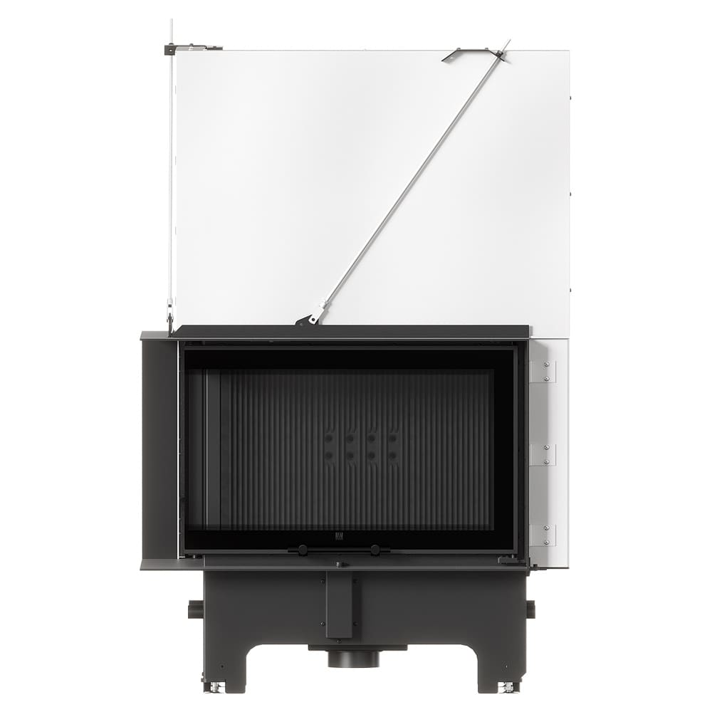 MILANO 810x410 Eckkamin links mit hochschiebbarer Tür, schwarzer Innenauskleidung