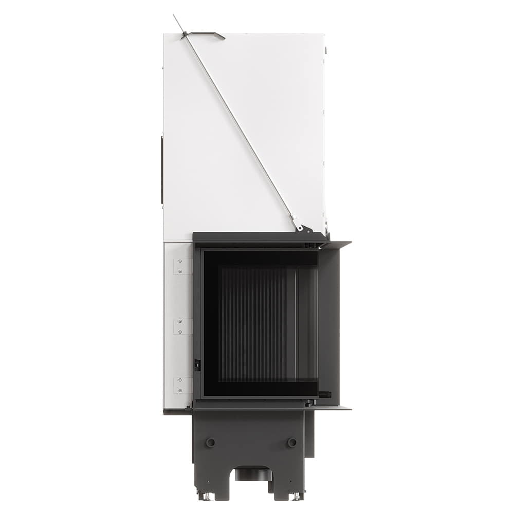 MILANO 810x410 Eckkamin links mit hochschiebbarer Tür, schwarzer Innenauskleidung